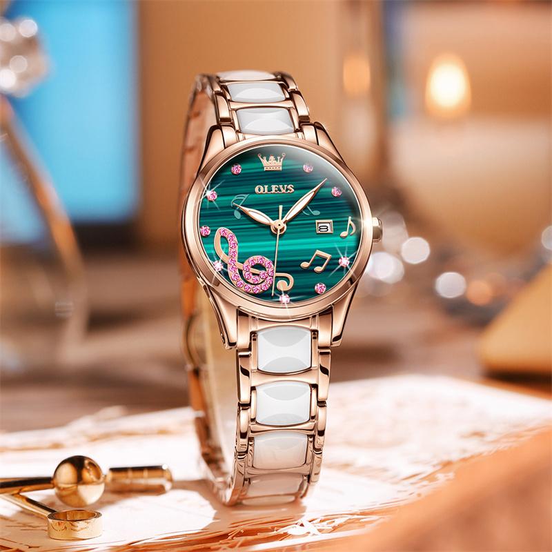OLEVS Luxury Brand New Watch For Women Fashion Musical Note Ceramics Watches For Ladies Casual Female Quartz Watch Reloj Mujer