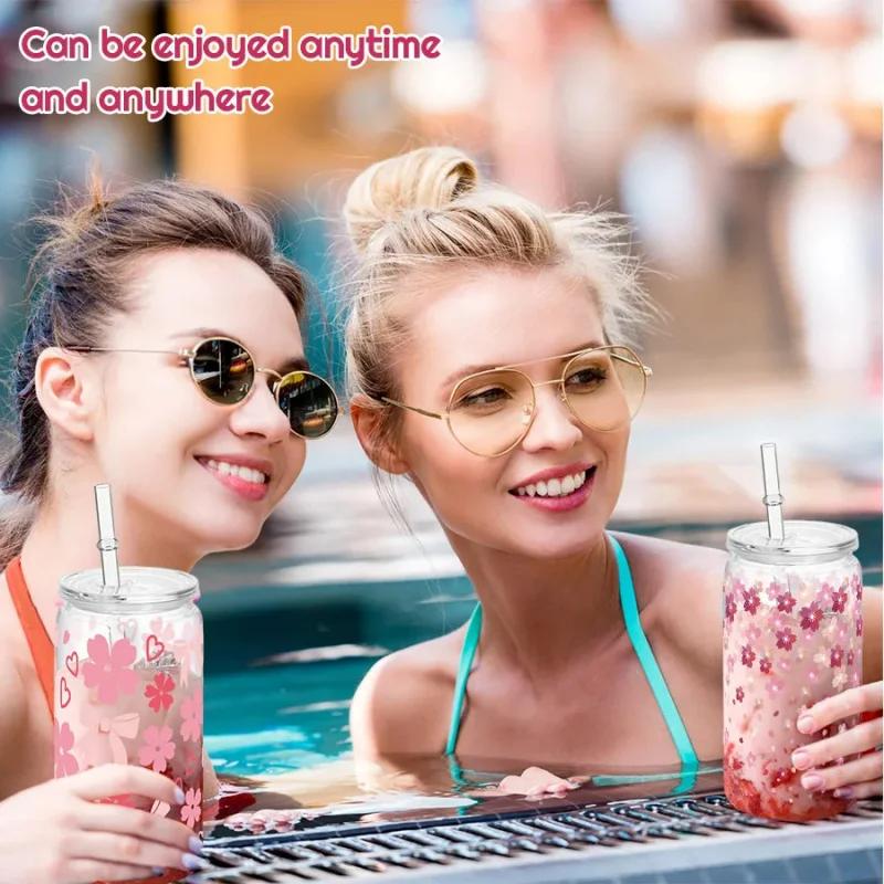 16oz Reusable Plastic Cup with Straw Lid Cute Bow Cherry Water Bottle Iced Coffee Juice Milk Mason Cups Drinkware Holiday Gifts