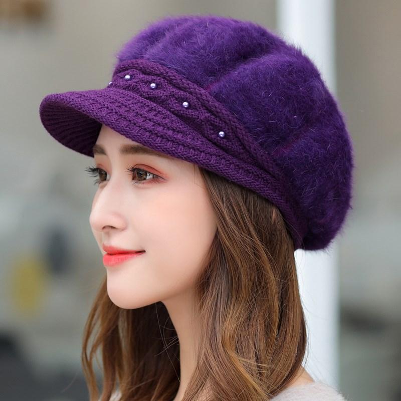 Mother's Hat Women's Autumn and Winter Fashion Versatile Velvet Thickened Ear Protection Warm Hat Rabbit Fur Knitted Wool Beret