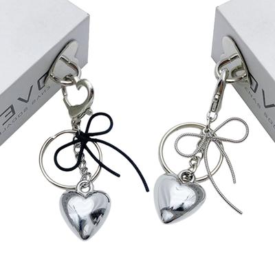 Y2K Silver Color Metal Keychain Simple Bowknot Heart Keyring Car Key Holder Backpack Pendant Bag Hanging Decoration