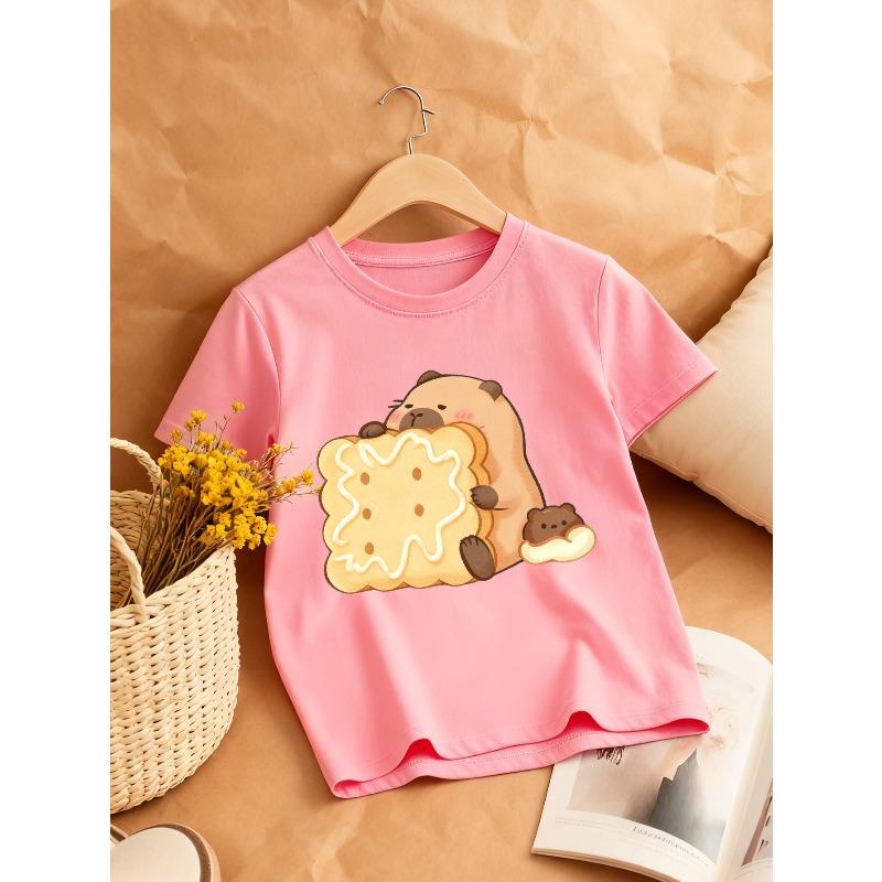 

European sizes Capybara Holding Cute Print Girls Round Neck T-Shirt, Casual and Comfortable Style, Perfect for Sweet Girls 164cm рожевий