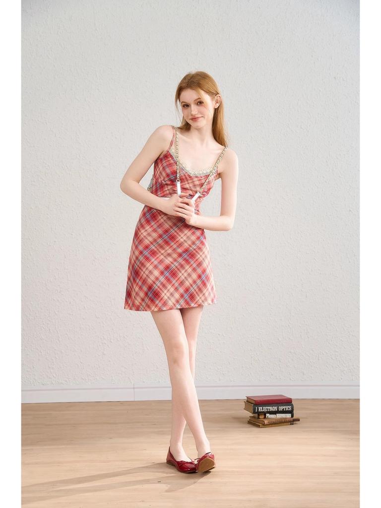 Women's Summer Plaid Mesh A-line Dress with Lace Trim and Spaghetti Straps