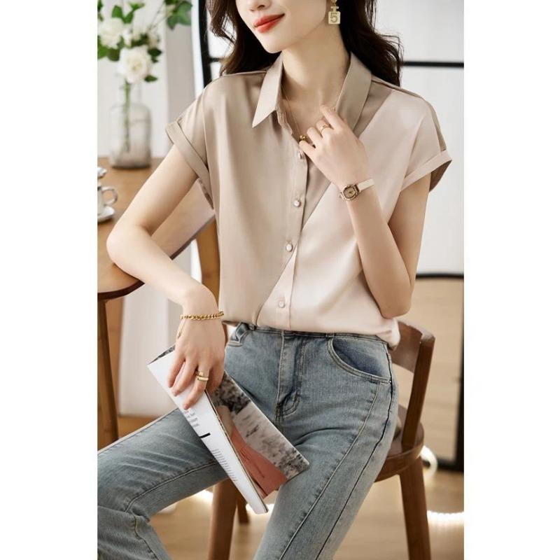 New Summer Women's Fashionable Slim Short-sleeved Lapel Contrast Satin Shirt