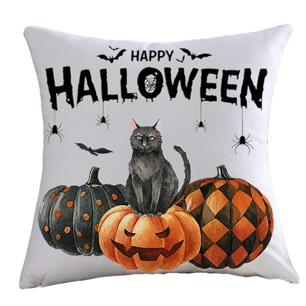 Halloween Happy And Cute Ghost Pumpkin Bat Print Cushion Cover Home Living Room Sofa Decoration Pillow 45X45Cm