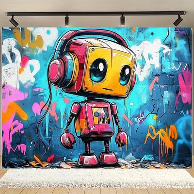 1pc Whimsical Grafitti Robot Photography Backdrop & Party Banner Polyester Fabric - Versatile Decoration for All Seasons