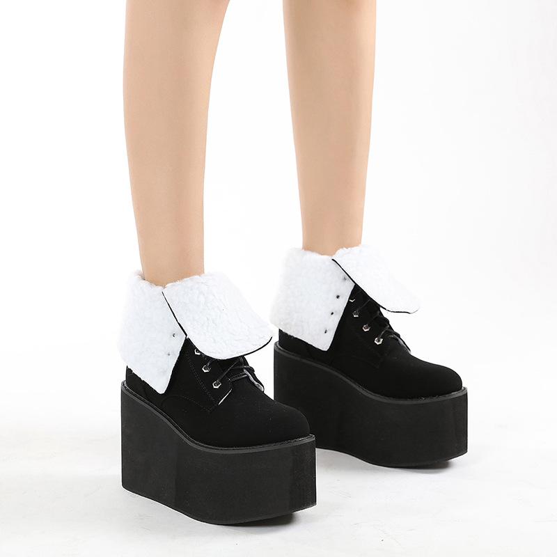 Thick-soled Muffin Women's Boots Front Lace-up Tall Tube Round Head Martin Boots Wedge Heel Solid Color Autumn Women's Boots