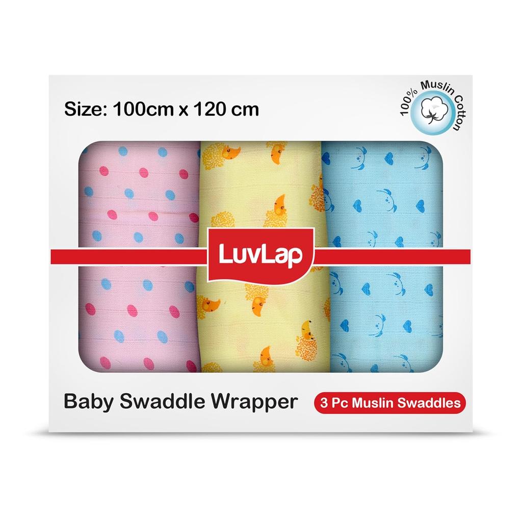 LuvLap 100% Cotton Muslin Baby Swaddle Set, Breathable Newborn Wrap, Soft Dots & Hearts Print, Pack of 3, 120x100cm