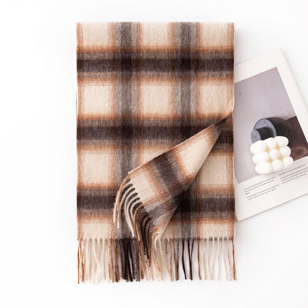 Women's 100% Wool Plaid Scarf - Korean Style, Autumn/Winter 2025, Long Tassel Shawl, Cold-Proof and Warm