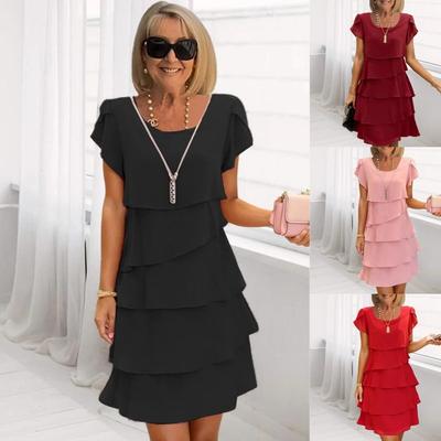 New Summer Short-sleeved Cake Skirt Solid Color Crew Neck Dress for Women