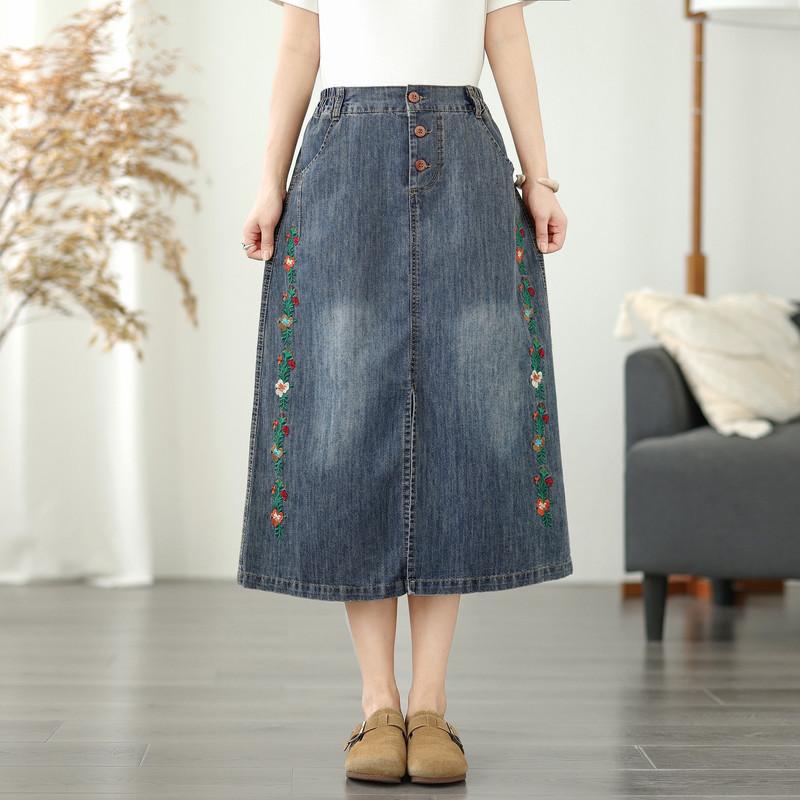 Summer Embroidered Flower Semi-elastic Waist Button Denim Skirt
