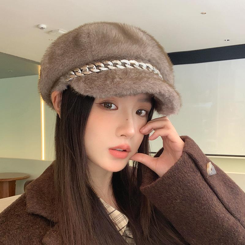 Imitation Mink Hair Chain Beret Autumn and Winter New Casual Windproof Octagonal Hat Fleece Thickened Thermal Hat
