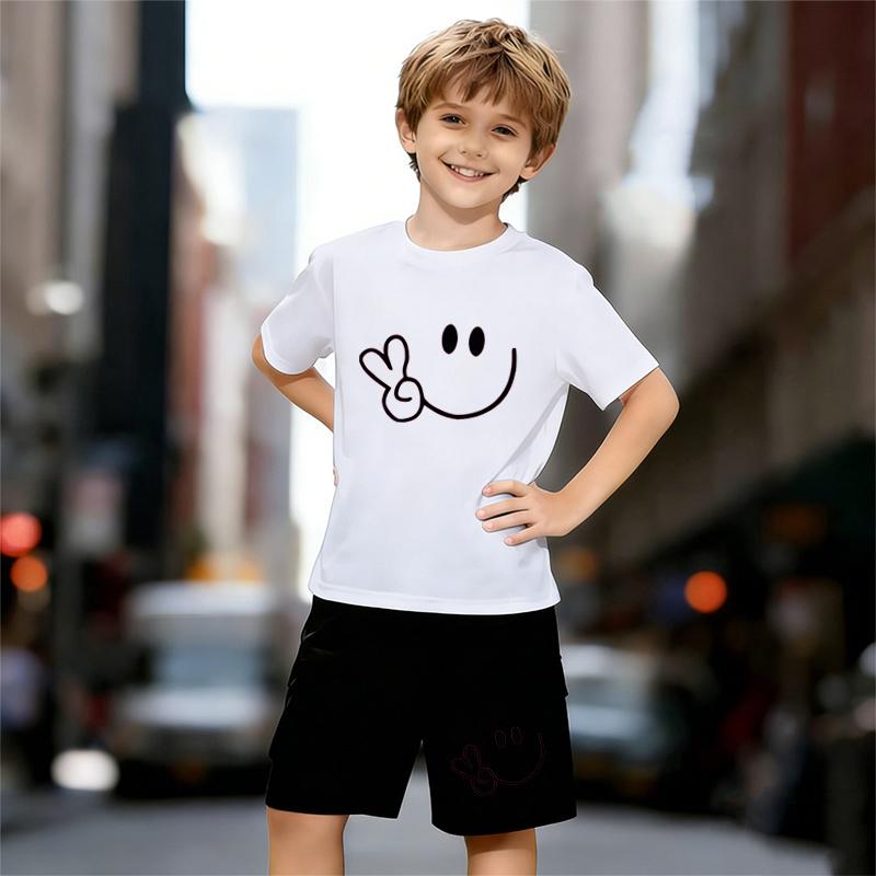 

Boys 2 Piece Smile Greeting Themed Printed Outfit, Short Sleeve T-Shirt and Shorts Set for Kids Age 5-14,Black and White Sporty Casual Summer Clothes 13-14 Years білий