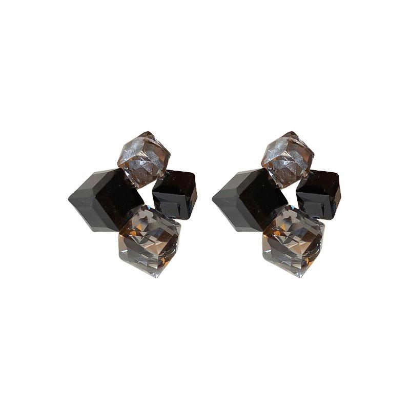 Silver Needle Black Crystal Geometric Stud Earrings Niche Versatile Earrings Temperament Light Luxury Premium Earrings