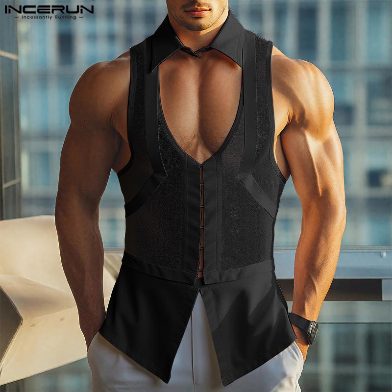INCERUN Men Lapel Cutout Sleeveless Mesh Patchwork Fitted Shirts Tank Tops