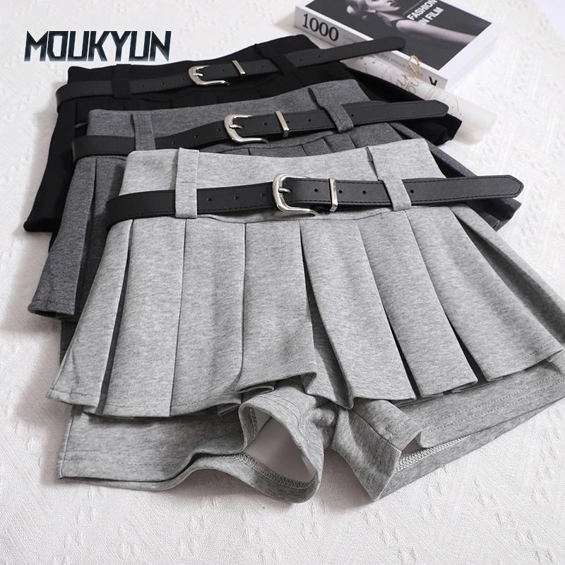 Womens Shorts Autumn Winter Belt High Waist Fluffy Pleated A-line Skirt Korean Fashion Sexy Y2k All Match Clothes