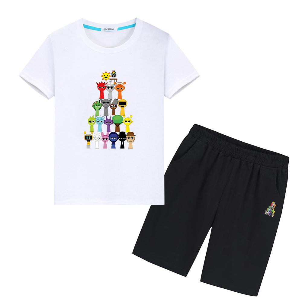 

Sprunki Print 100% хлопок Аниме футболка Мультяшный 2 предмета Шорты+брюки для девочек и мальчиков Спортивные комплекты Детский костюм подарок на праздник детская одежда 100 белый