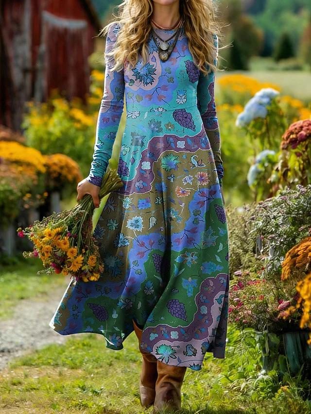 Women's Mid-Length Bohemian Retro Print A-line Dress for Holidays