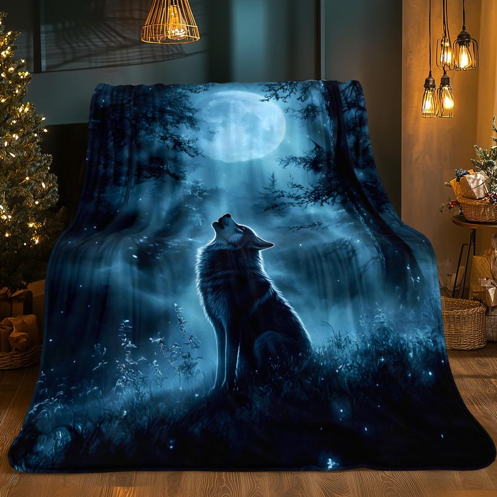 1pc Wolf howling at moon night forest fleece blanket soft warm throw for bedroom living room decor wildlife art gift
