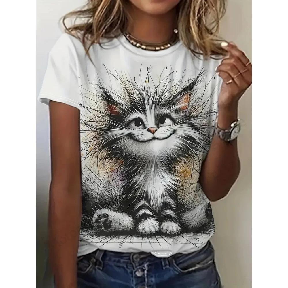Anime Cat and Duck 3D Printed Pattern T-shirt for Women, Fashionable and Casual Cartoon Plus Size Short Sleeved Top T-shirt for Women, Clothing Animal