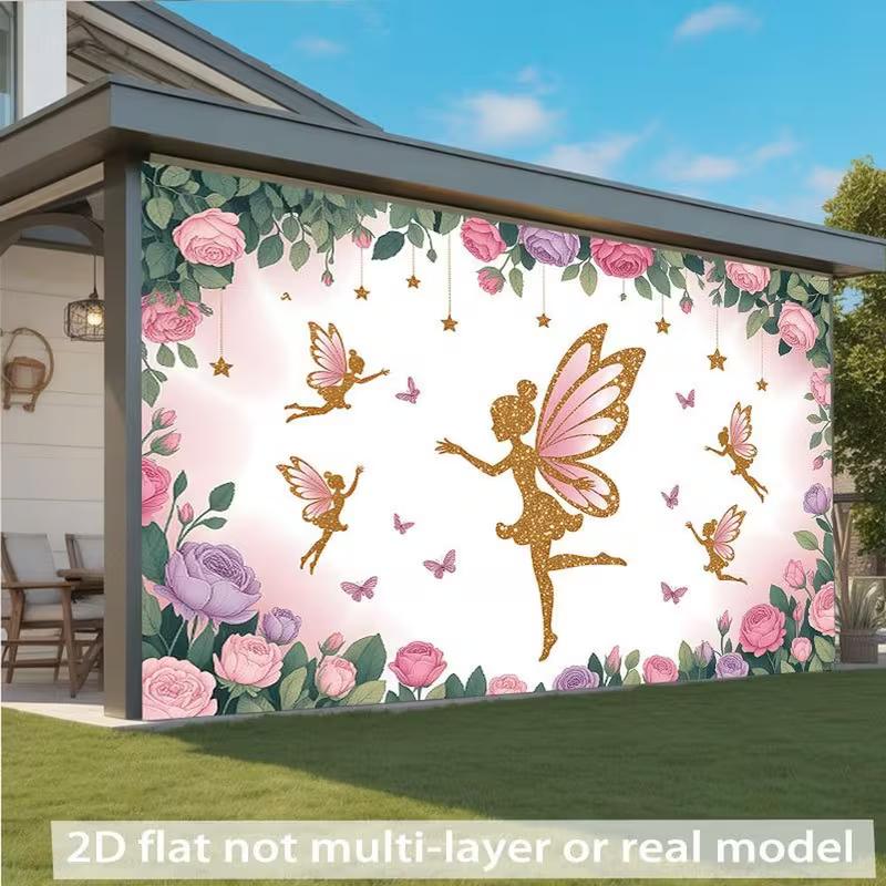 2D Fairy Backdrop, Pink Gold Glitter Fairy Floral Photography Background Banner