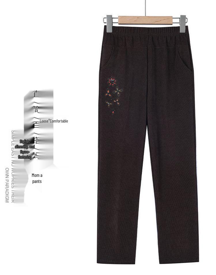 Women's Plus Size High Waist Corduroy Pants for Middle-aged & Elderly - Autumn/Winter, Thickened Velvet, Straight Leg, Mom & Grandma Fit