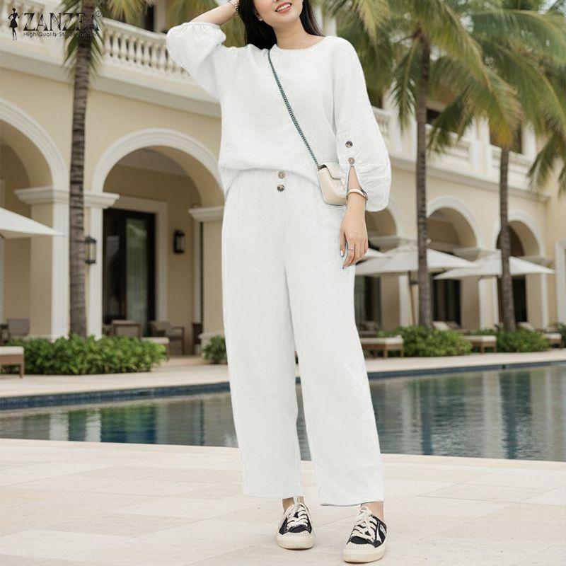 ZANZEA Lässiges zweiteiliges Anzug-Set für Damen mit 3/4-Ärmeln, Bluse und Hose