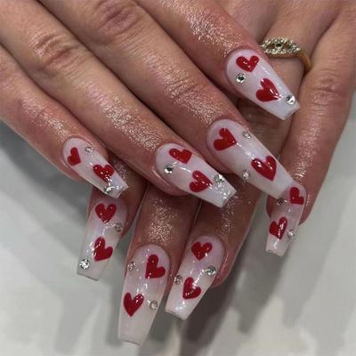 24pcs False Nails Long Ballerina French Valentine's Day Love Heart Fake Nails