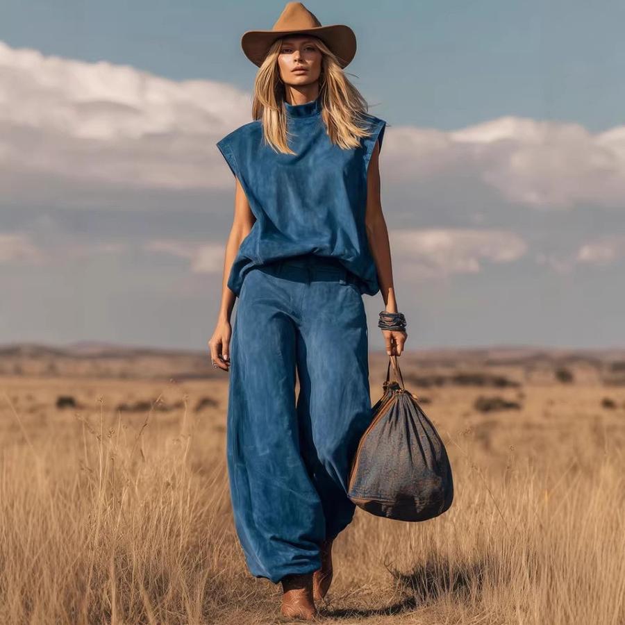 Mode Ny Stil Västerländsk Stil Ärmlös Vida Ben Fållad Fuskpäls Set