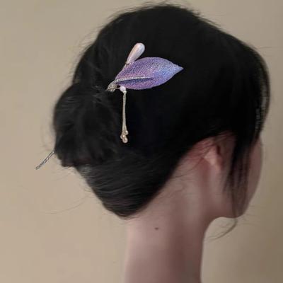 Elegante Pinza para el Cabello de Nuevo Estilo Chino Hojas Moradas Borla de Perla Palillo para el Cabello Diseño Floral Accesorio para el Cabello Joyería para Mujer Horquilla