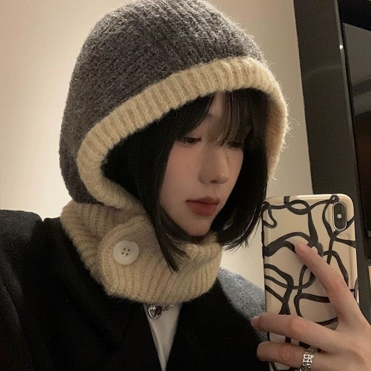 Autumn and winter balaclava hat women's warm hat scarf integrated couple cycling ear protection knitted wool hat
