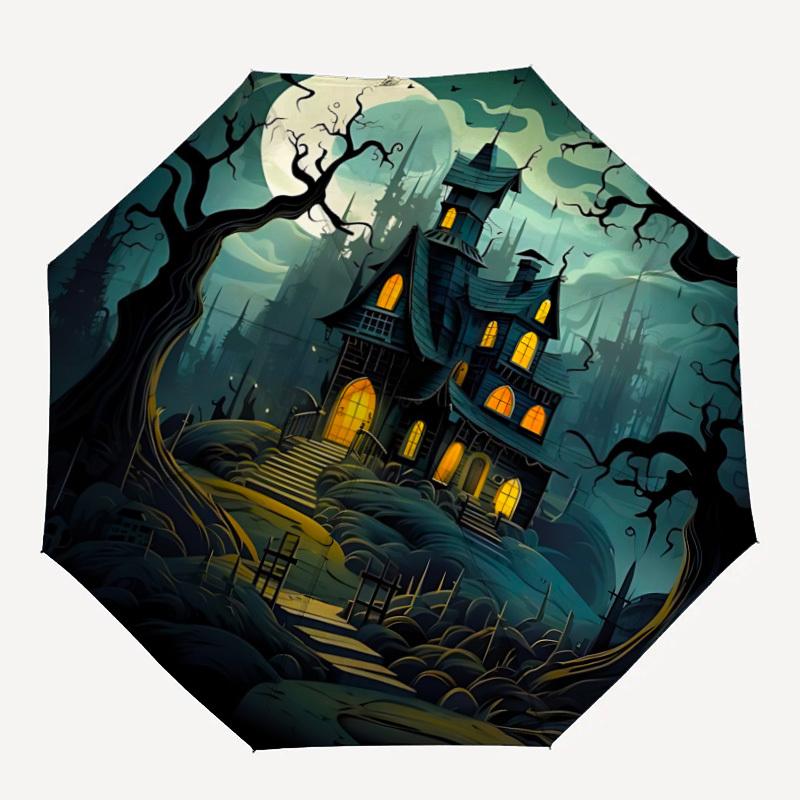 1pc Haunted House Moonlit Night Automatic Folding Umbrella, Lightweight Retractable Compact Travel Umbrella, 8-Rib Sturdy Frame103