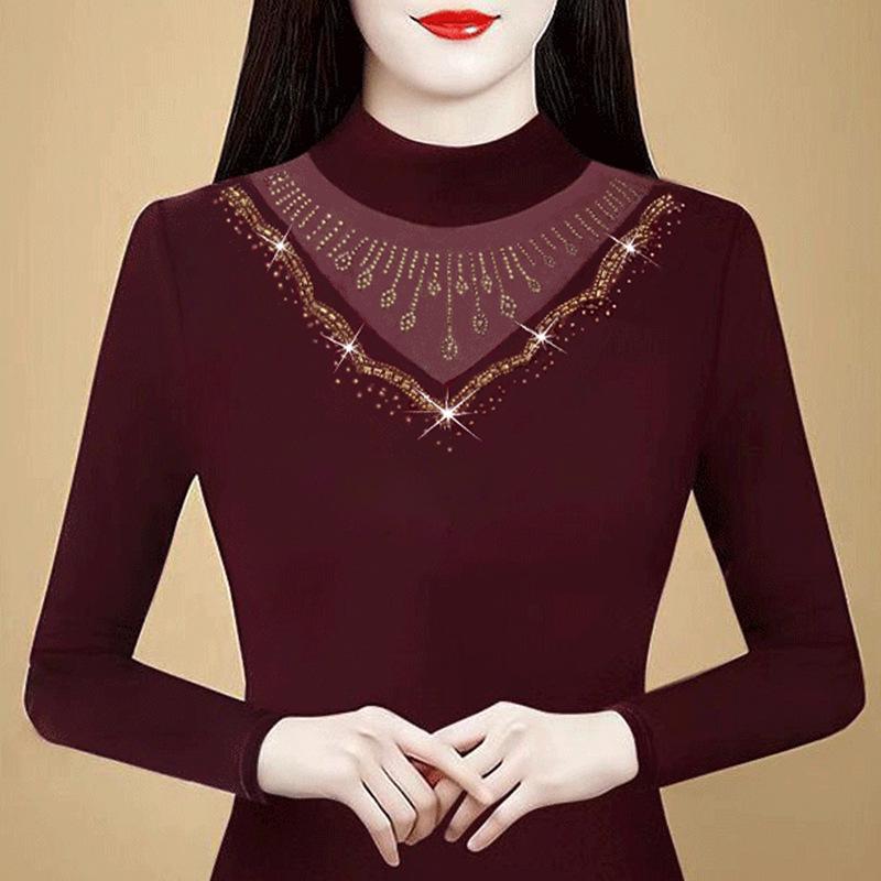 2025 Autumn/Winter Stylish High Neck Slimming Long Sleeve Solid Color Base Layer Top XL
