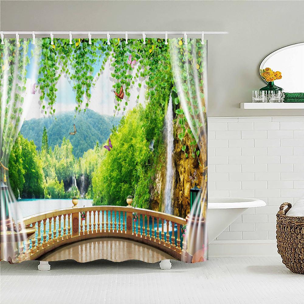 3D Waterproof Fabric Polyester Shower Curtains landscape Outside the Window Bathroom Curtains With Hooks Bathtub Decor Screen