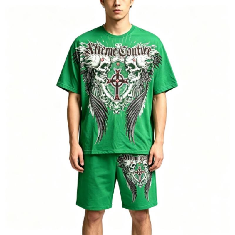 Summer Fashion Casual Retro Skull Angel Wing Printed Round Neck Short Sleeved T-Shirt And Shorts Set Men's and Women's T-shirt Shorts Set