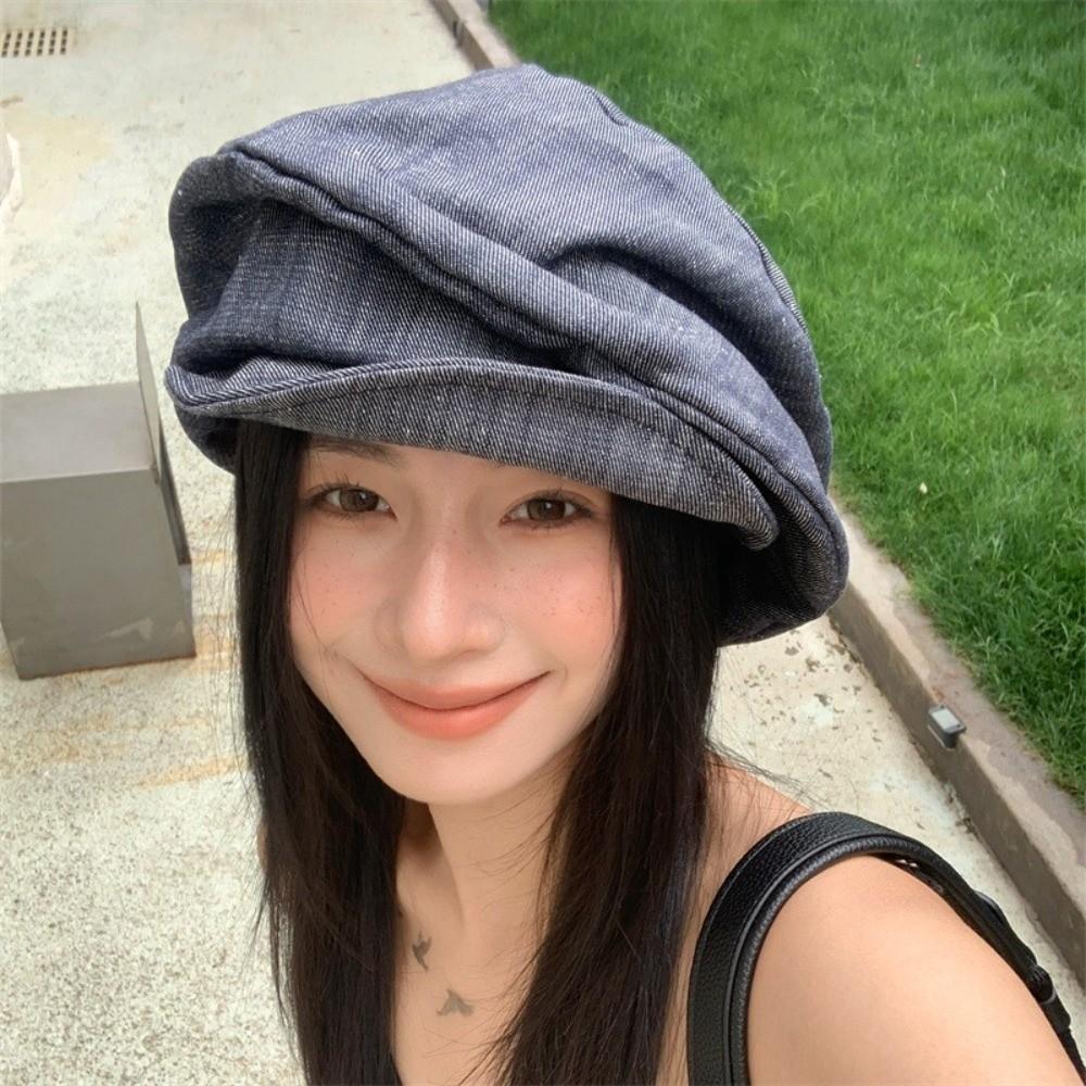 Japanese Octagonal Cap Cloth Pleated Painter Hat Fashion Denim Beret  Women