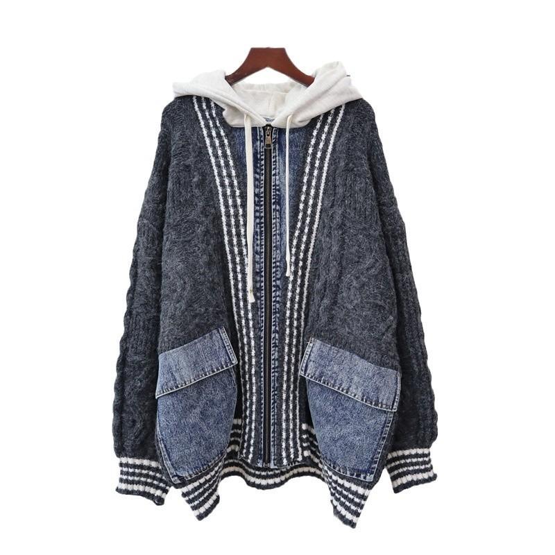 Autumn and Winter New Hooded Splicing Denim Zipper Knitted Cardigan Thickened Loose Design Sweater Jacket Women