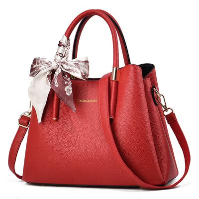 Simple Solid Color Women's Handbag Texture All-in-e Travel Single Shoulder Crossbody Bag Elegant Bow Silk Scarf Decorati