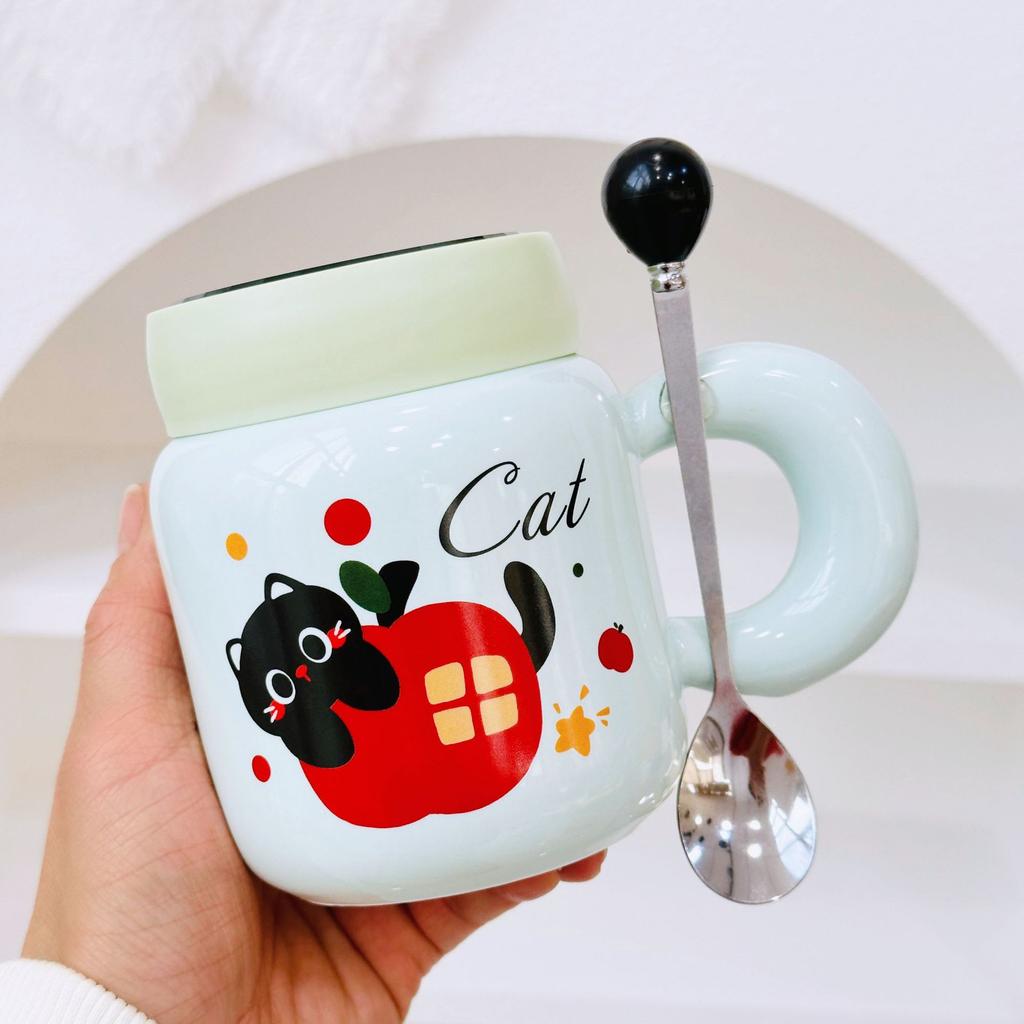 New Birthday Naughty Cat Water Cup Cartoon Ceramic Mug with Lid Spoon Cartoon Drinking Cup Gift Set Gift Box