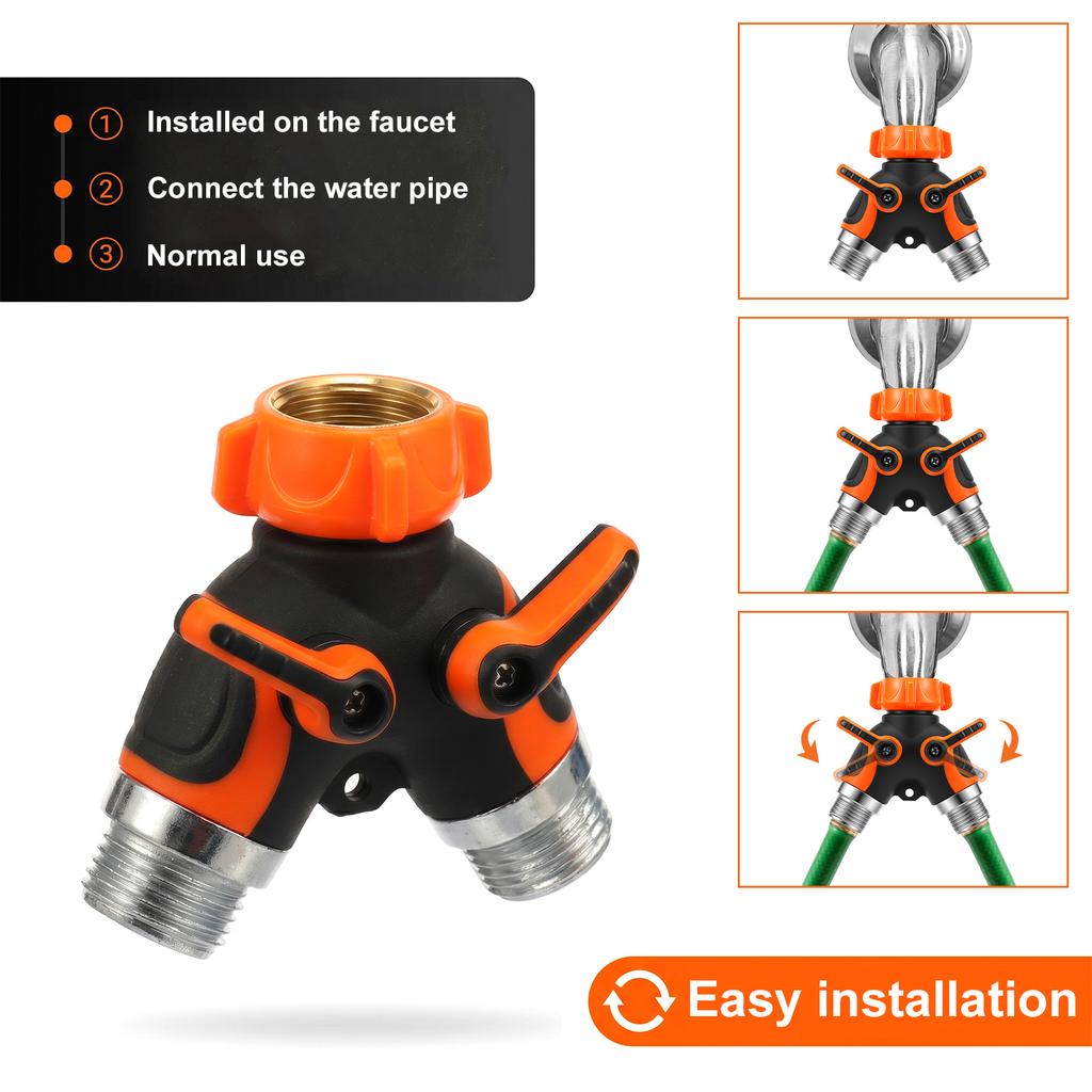 2-Wege-Schlauchverteiler Robuster Metall Y-Schlauchverteiler für den Garten mit Absperrventilen Außenwasserhahn-Adapter 3/4 Zoll GHT Wasserschlauch C