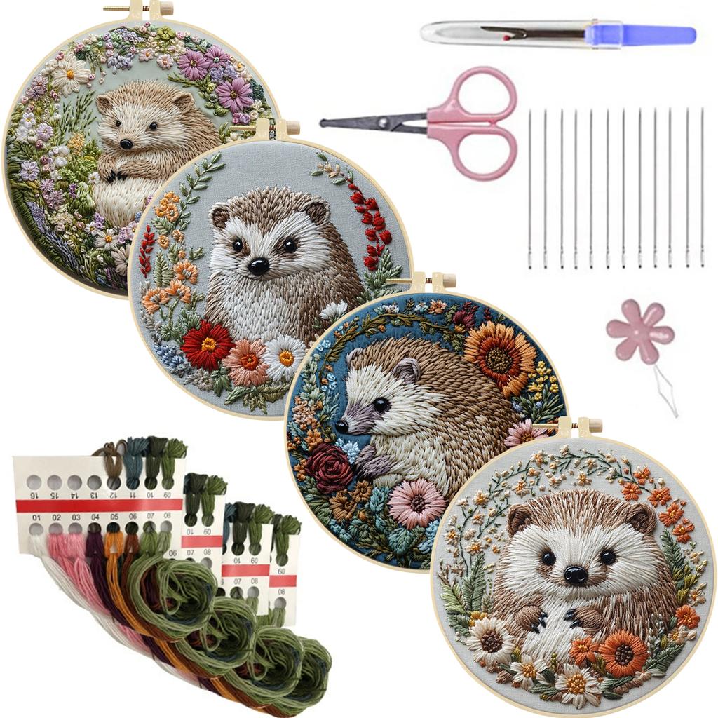 4 Pack Stamped Cross Stitch Kits with Embroidery Hoop Needles Threads Instruction Embroidery Kit Cross Stitch Set for Beginners