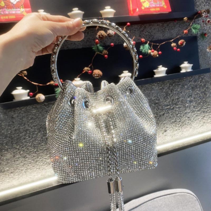 

Women s Bag 2025 New Style Hot Drilling Bucket Round Handle Handbag Single-shoulder Diagonal Chain Small Diamond-encrusted