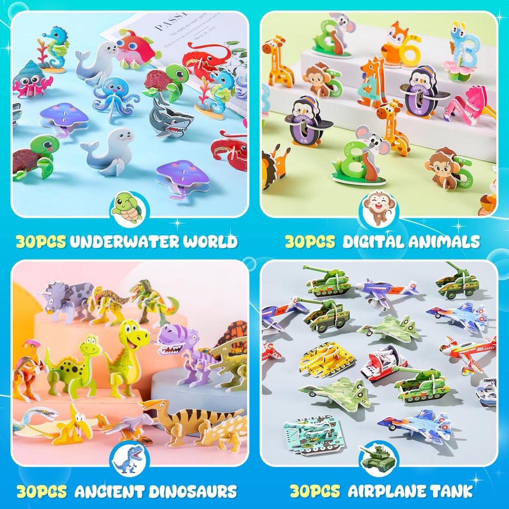 30Pcs/Set 3D Cartoon Puzzles Educational Toys Insect, Dinosaur, Animal, And Vehicle Themes 3D Diy Cardboard Puzzles