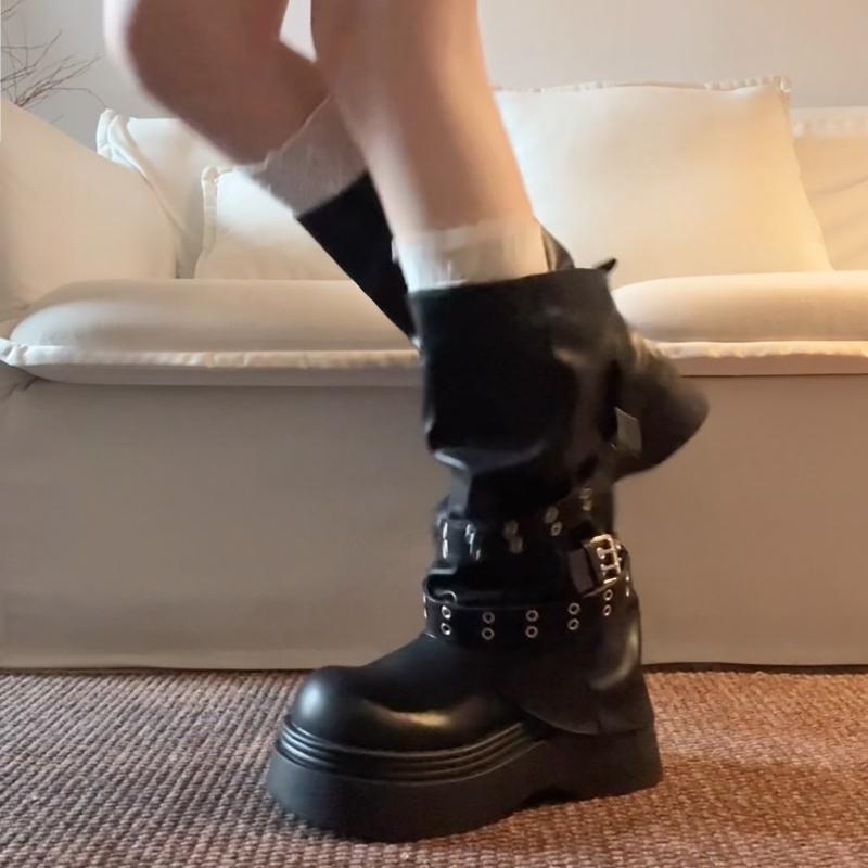 Hottie Platform Thick Heel Women Knight Boots Fashion Belt Buckle Shoes Female Punk Rivet Mid Calf Booties De Muje