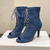 Fashion New Classic Blue Denim Fabric Cross-Strap Peep Toe Women Ankle Boots Spring Summer Sexy Elegant High Heels Party Dress Pumps