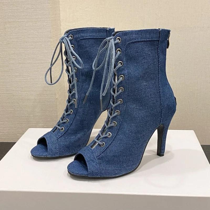 Fashion New Classic Blue Denim Fabric Cross-Strap Peep Toe Women Ankle Boots Spring Summer Sexy Elegant High Heels Party Dress Pumps