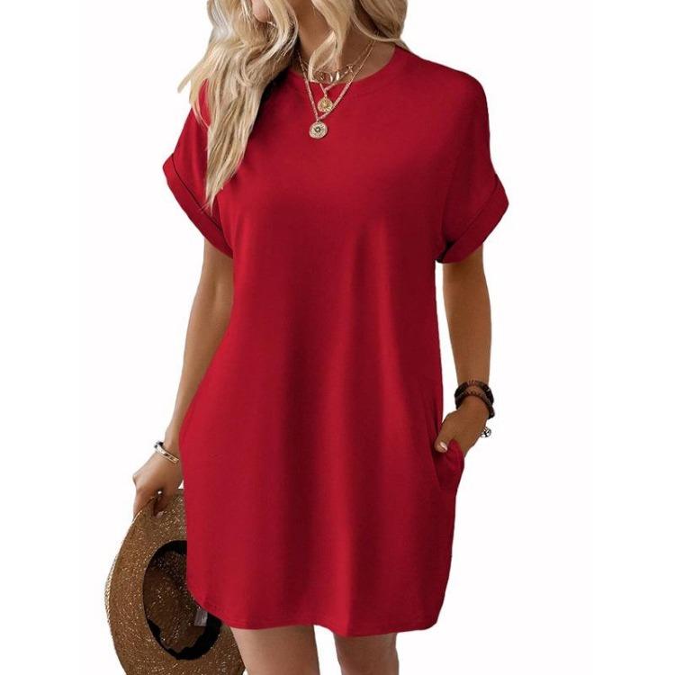 Summer Casual Women Dress Short Sleeve Round Neck Loose Pocket Solid Color Breathable Spring Fashion