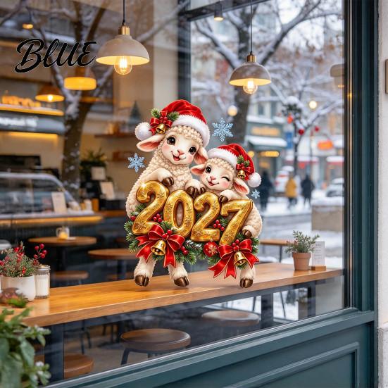 Glass Surface Decorations Sheep Santa Hat 2027 Sticker Christmas New Year Static Window Decal Removable Seasonal Home Decor of The Sticker