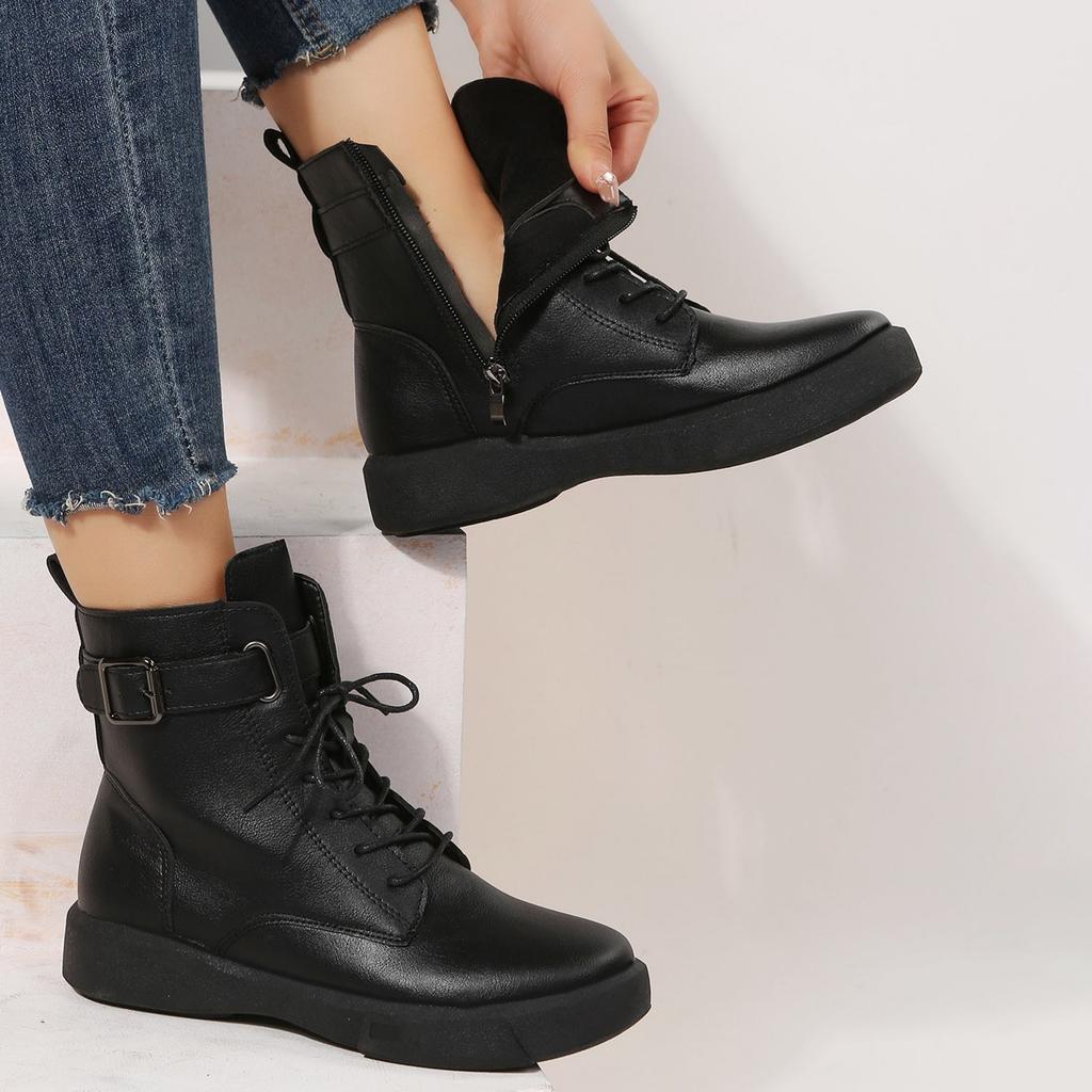 Stivali Britannici a Manica Corta Larghi per Donna con Cinturino Allacciato Stivali in Pelle Retro Larghi Stivali da Donna