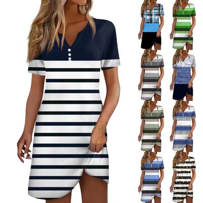 Damenmode Casual Printed Revers Button Kurzarm Kleidung Straps Kleid