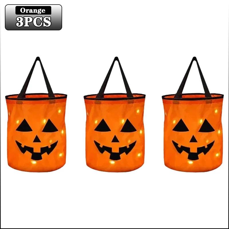 1-20PCLED Light Up Halloween Pumpkin Candy Tote Bag Basket for Kids Trick or Treat Party Bucket for Holiday Event Decoration Use